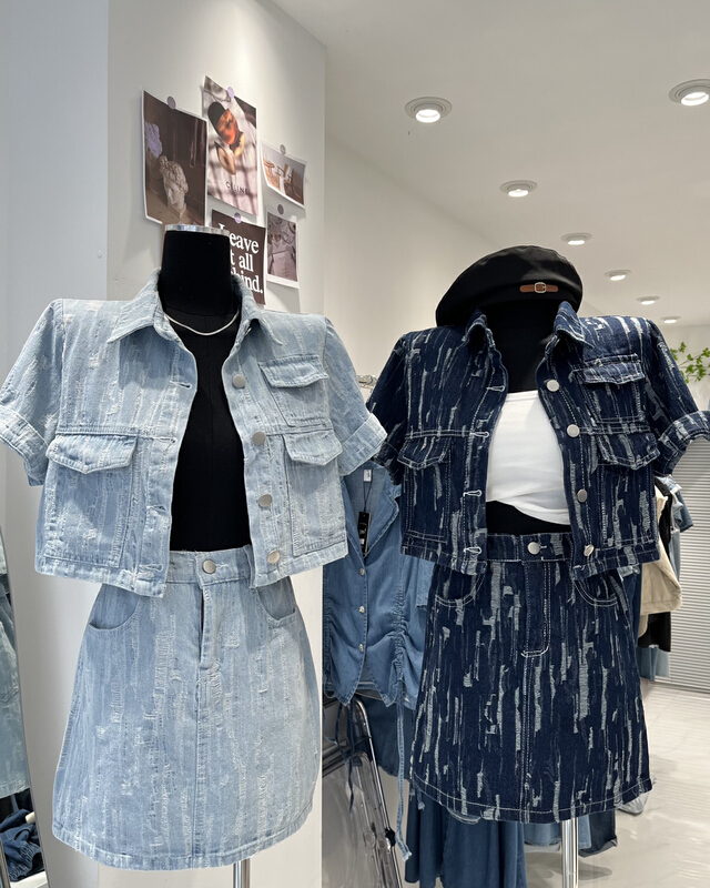 [Dandan] design sense retro fashion denim jacket + high waist skirt suit 9525\lsw