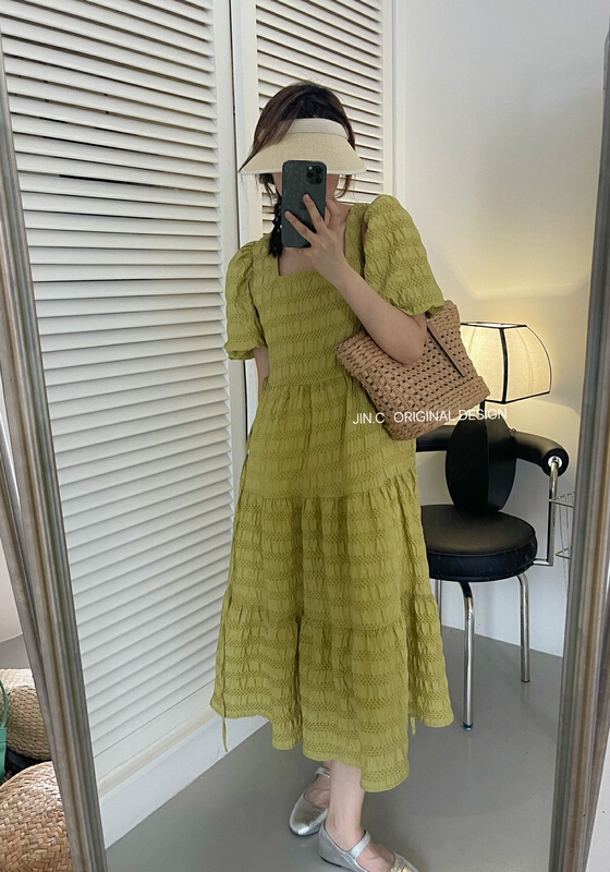 [jin.c] square neck Lantern Sleeve long dress z1527\y