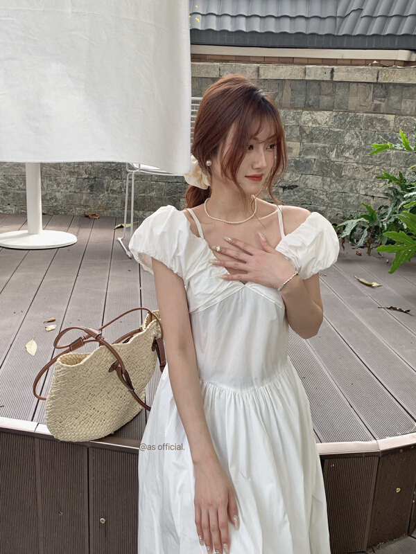 [as] temperament premium off shoulder bubble sleeve dress 6577\hjy