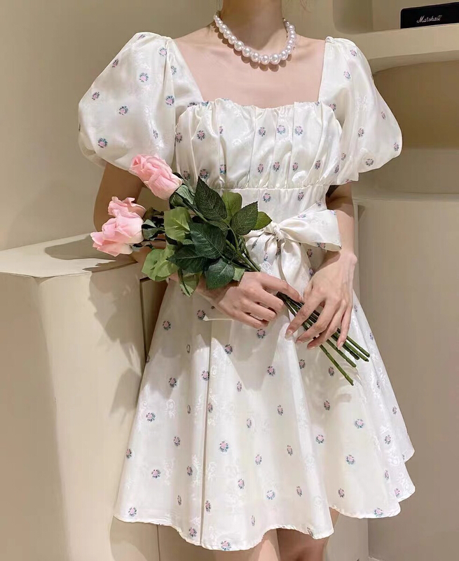 [JH] Lantern Sleeve tie floral dress 41863\pcz
