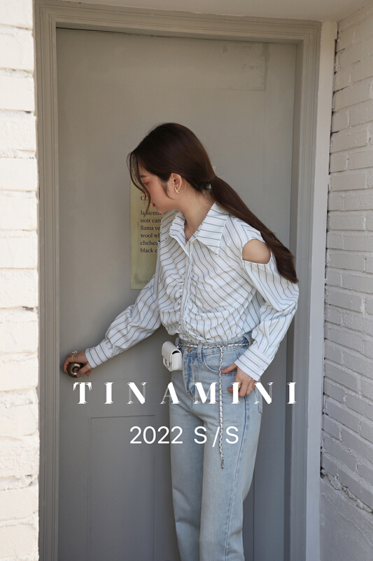New year in early spring! [tinamini] striped off shoulder design shirt m0017\hjy