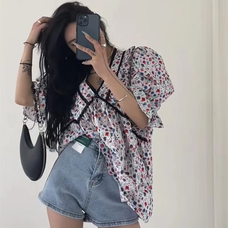 [Mimosa] Han Shu V-neck floral shirt 1325\hjy