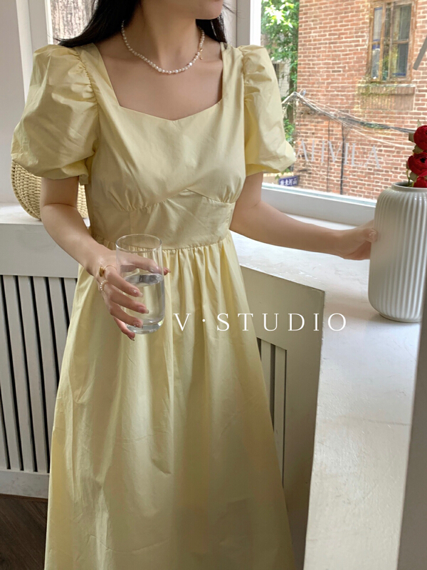 [v.] sweet aging Lantern Sleeve square neck waist dress 8835\ll