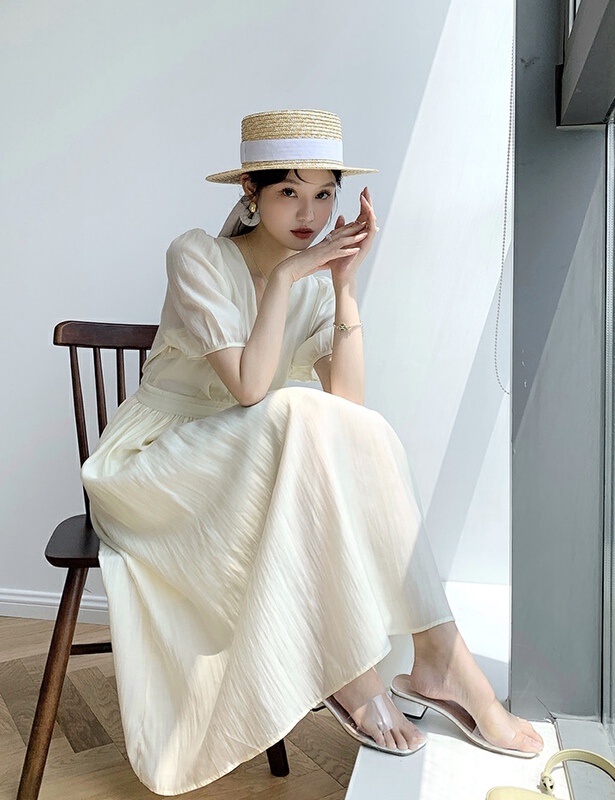 [Camelia] Korean version lady V-neck waist dress 3333\hjy
