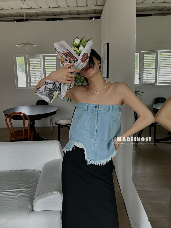 [OSHA madeinost] blogger style cowboy Strapless top vest / suspender can be used as a skirt 86218