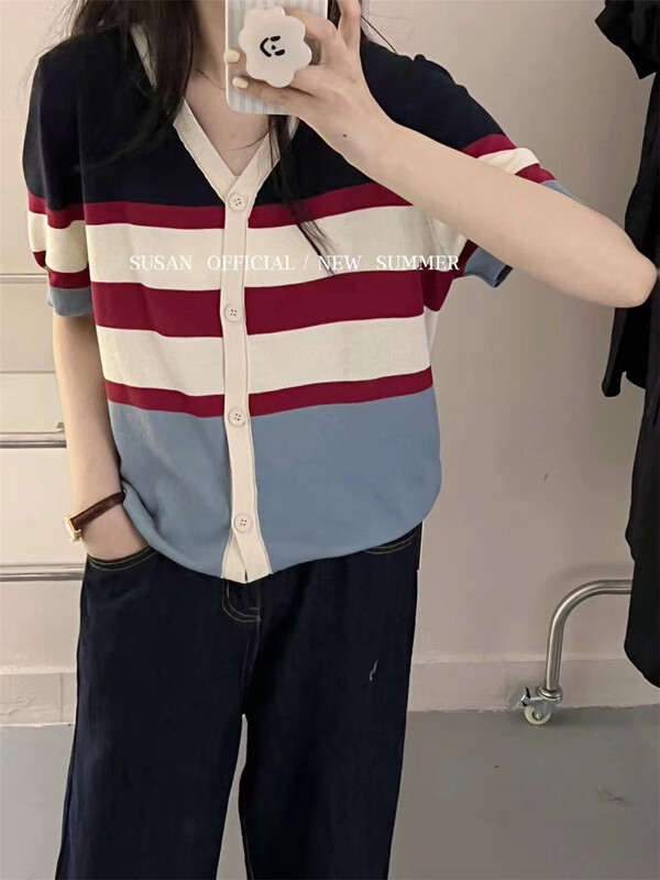 [Susan] V-neck color blocking fashion shirt 18751\lsw
