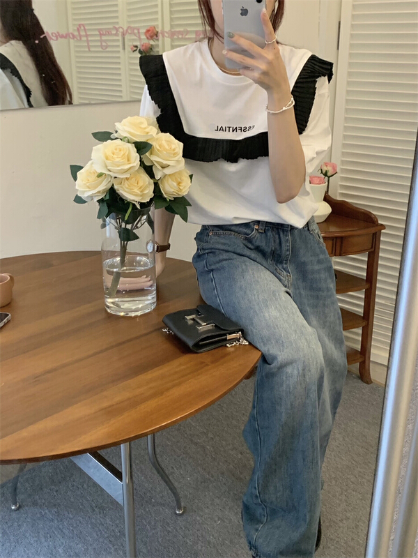 [dolly] pleated flare panel round neck lettered short sleeve T-shirt 3677\pcz