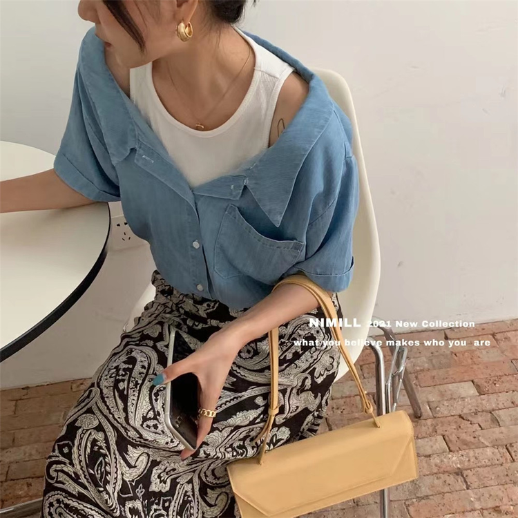 In early summer! [Boran Boran] a small crowd designed a color matching fake two-piece hanging neck denim shirt 2071\xyy
