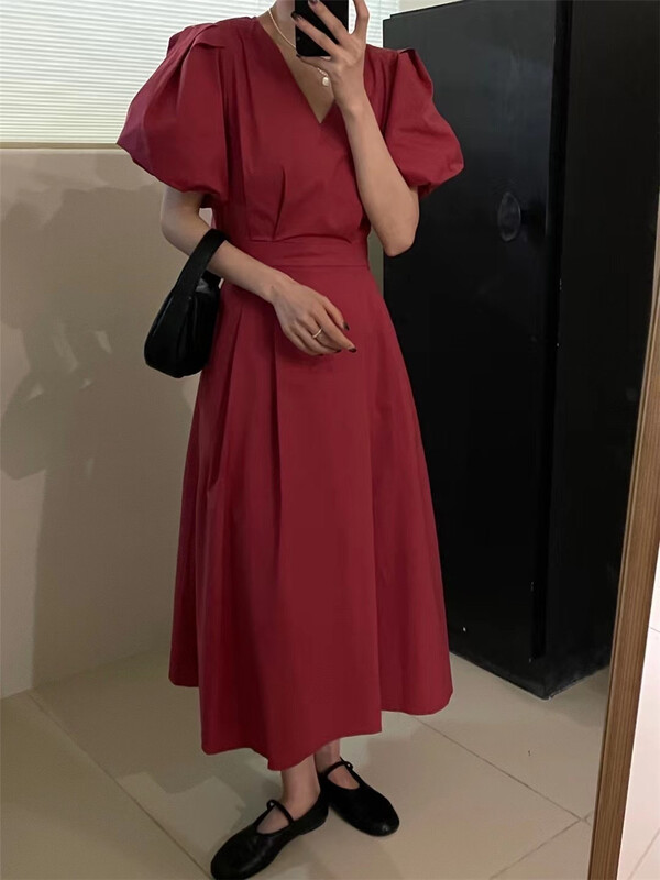 [larti] V-neck pleated hollow out lady dress c8519\ll