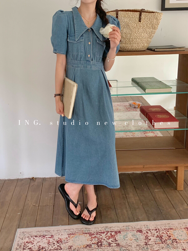 [ing] Korean version waist closing bubble sleeve dress ing-7286\zsy