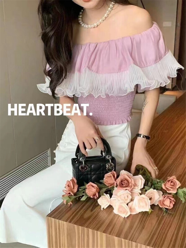 [hearteat] French patchwork off shoulder shirt 582\zjy