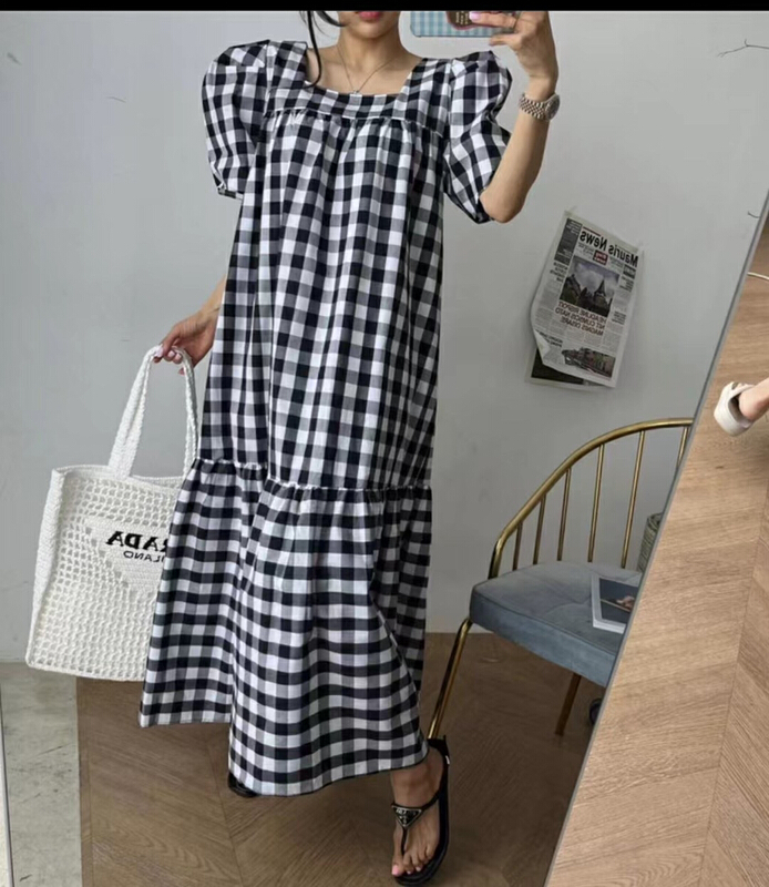 [Yulia] Korean loose square neck Plaid Dress 1929-2\lsw