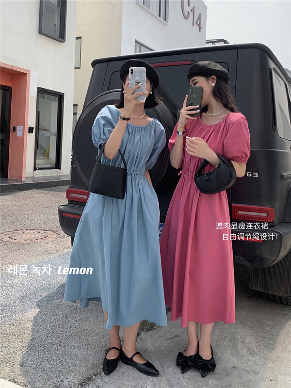 [lemon green tea] Korean Pure Color Bubble Sleeve loose dress ys1-2111\hjy