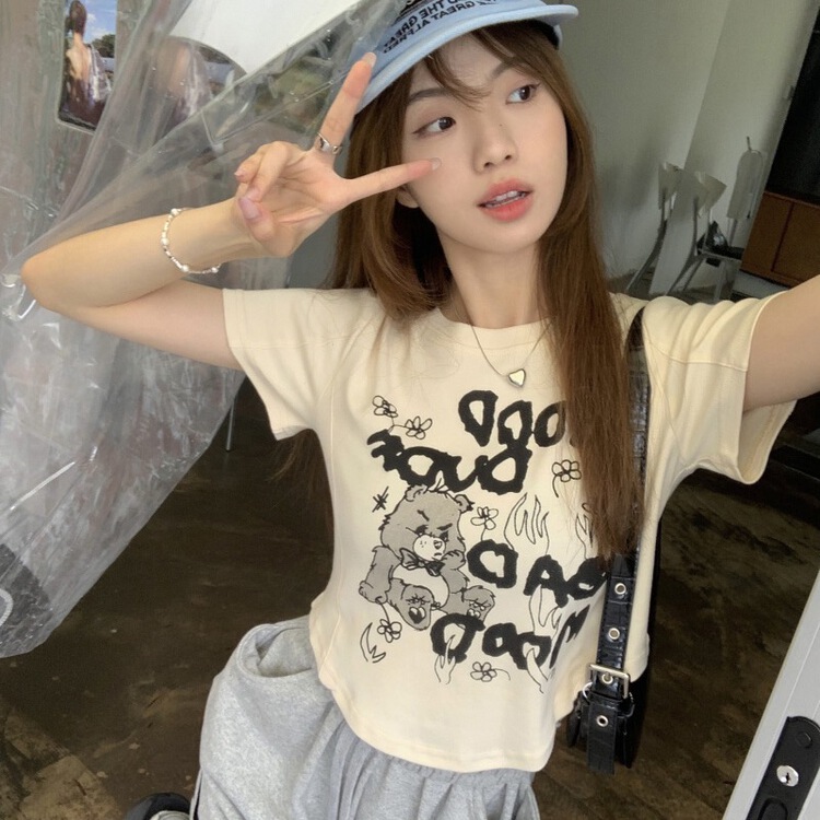 【N】 Elastic cartoon letter printed round neck versatile short sleeve T-shirt ys1-0986\wtt