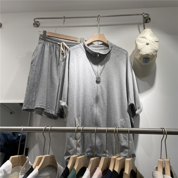 [big 9] stand collar zipper jacket + comfortable casual Shorts Set 6009-2\l