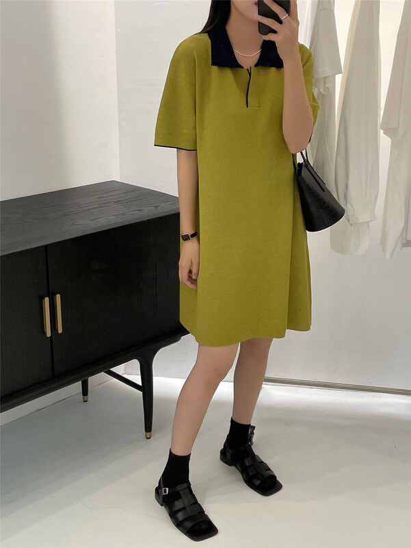 [clean space] commuter lazy style color contrast polo dress 31862\cls