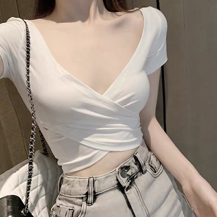 [xinyuanjieyi Xinyuan dressing] sexy slim fit high waist cross V-neck short sleeve T-shirt 652\pcz