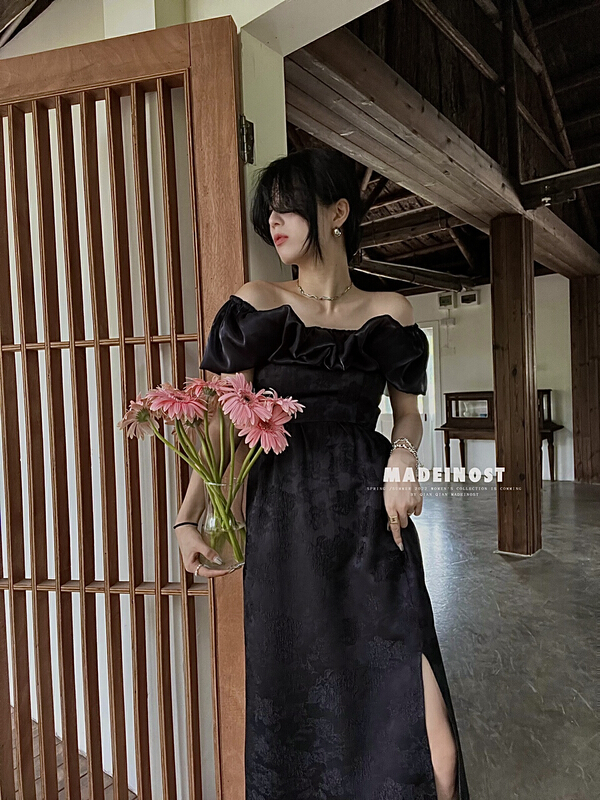 [OSHA madeinost] two embroidered off shoulder combo dress (high set dress) 86337\ll