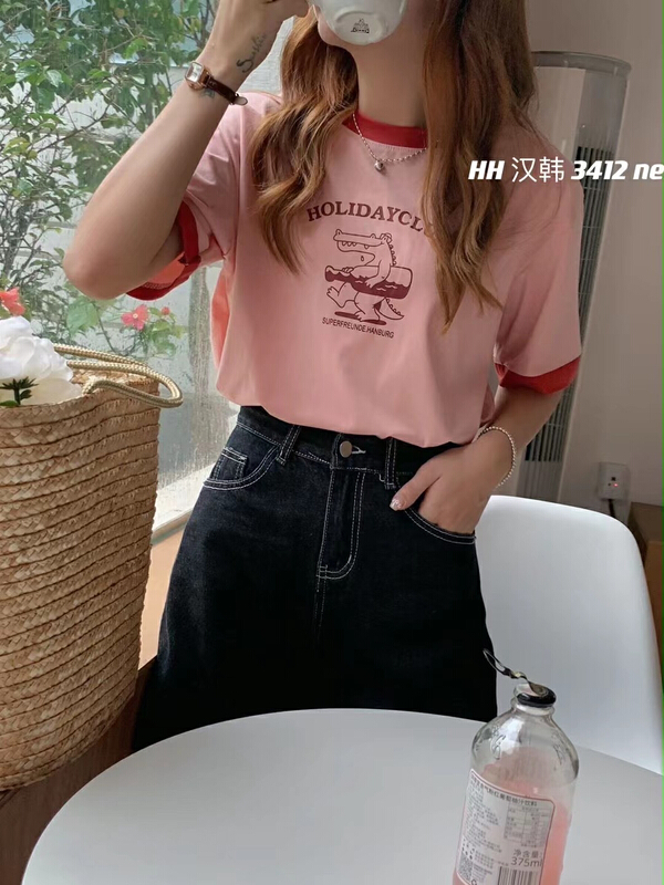 [HH &miss Lai] Korean round neck color blocking short sleeve T-shirt 3412\l