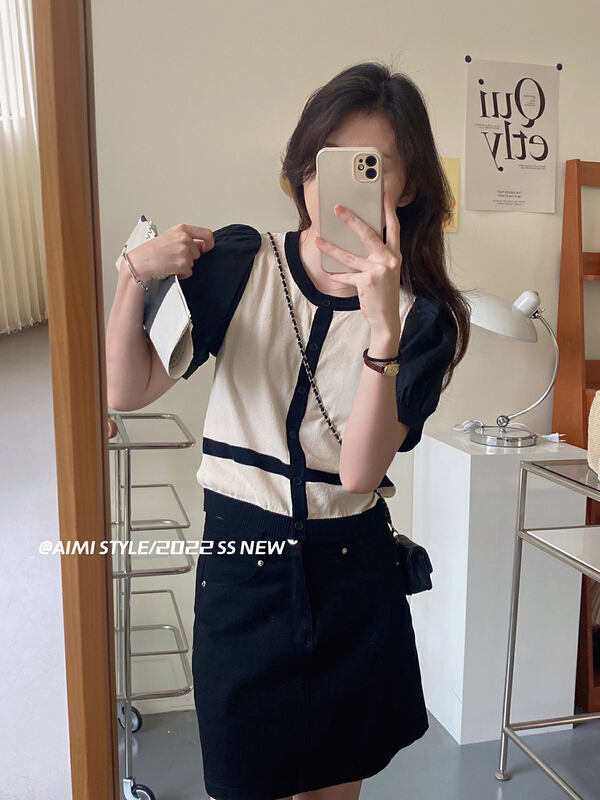 [aimistyle] small fresh color contrast round neck bubble short sleeve knitted cardigan 13727\hbx