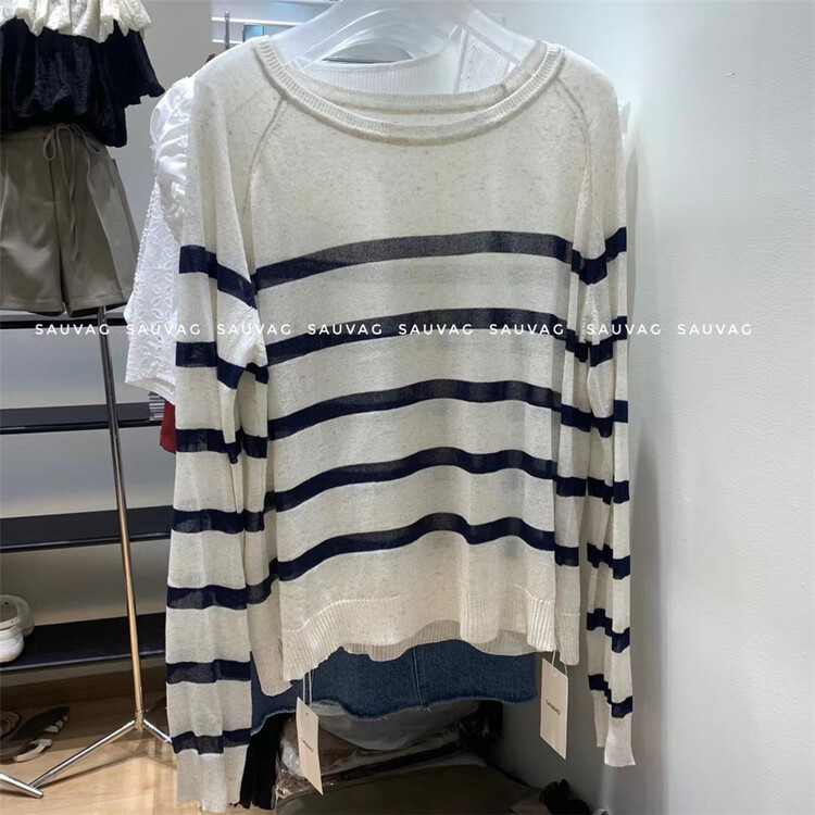 [sauvag] Korean classic stripe loose long sleeve T-shirt 9018\zjy