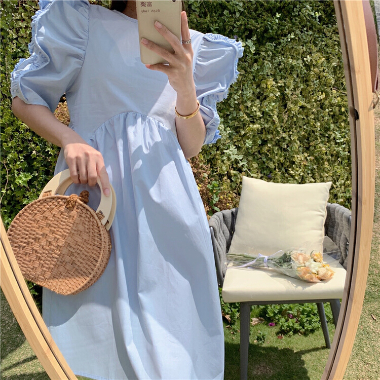 [jun.t] temperament round neck loose Bubble Sleeve Ruffle Dress 6083\pcz