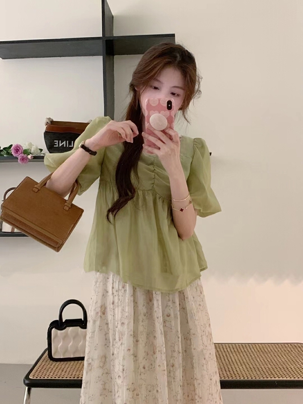 [baby] sweet Pearl Square Neck bubble sleeve shirt 8629\wtt