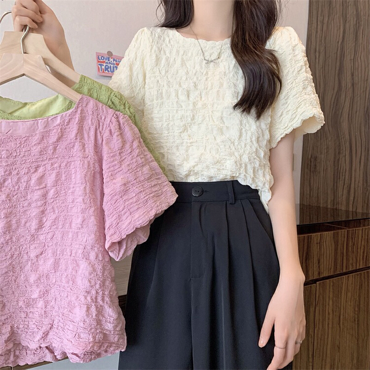 [f · P] puff light wrinkled bud sleeve shows thin skin covering super fairy milk sweet short sleeve shirt 19015\hbx