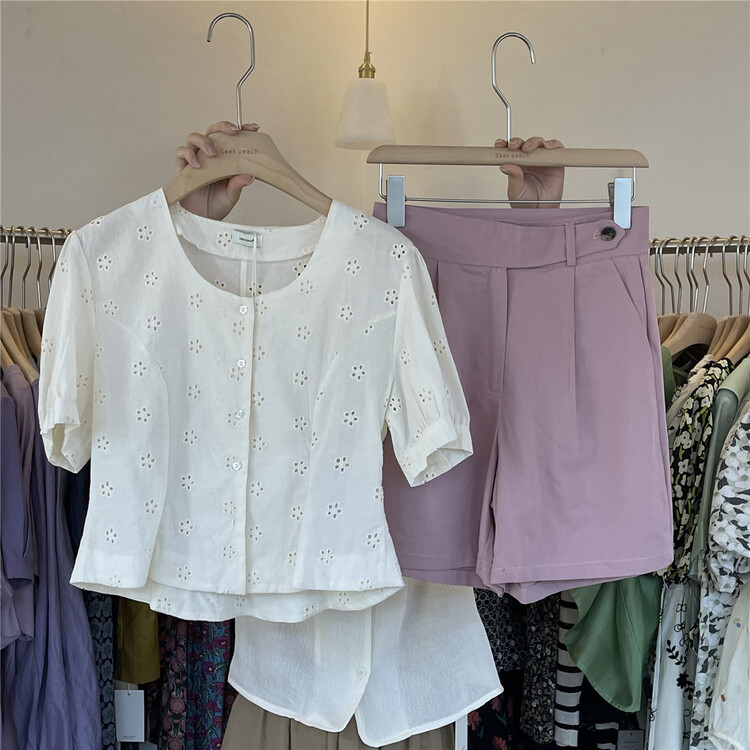 [seek peach] French hollow out single breasted shirt 5257-1\ll