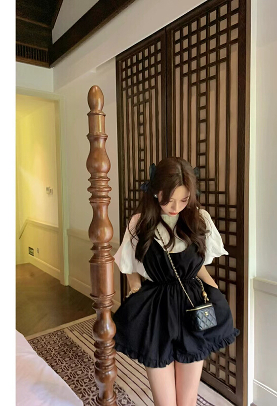 [am Gardenia] bubble sleeve super versatile micro transparent shirt + flower bud high waist puffy Jumpsuit set 3591\pcz