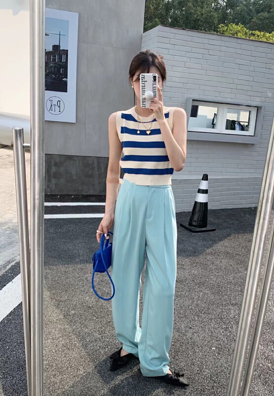 In early summer! [Qiqi clothing house] round neck stripe color contrast sleeveless short slim knit ys1-0115\xyy