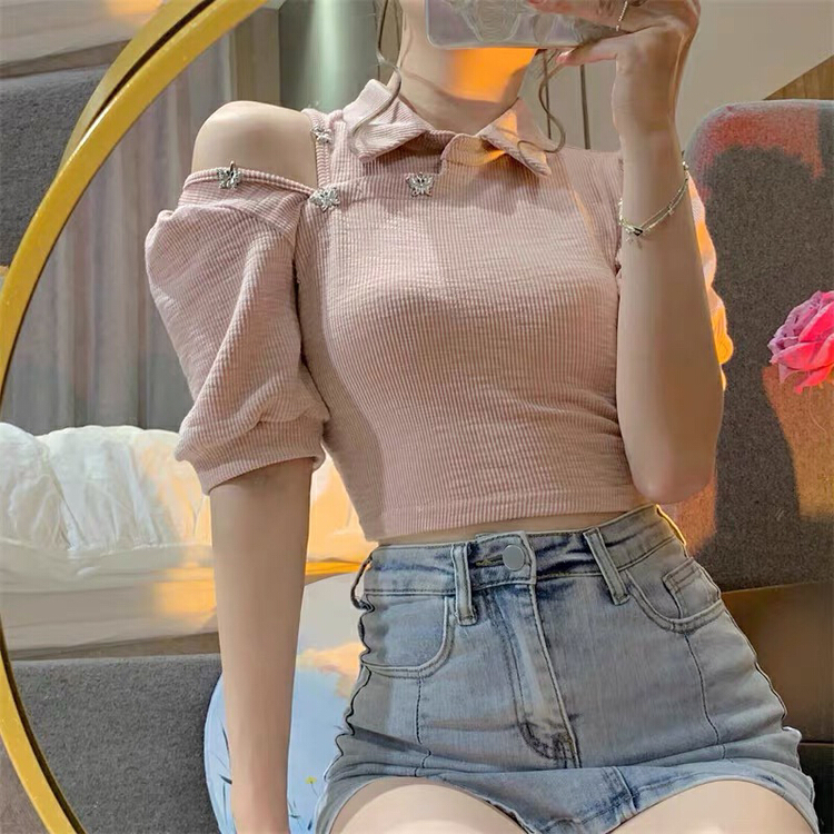 [wgwe] design sense niche polo collar hollowed out short style temperament Spice Girl blouse 1828\pcz