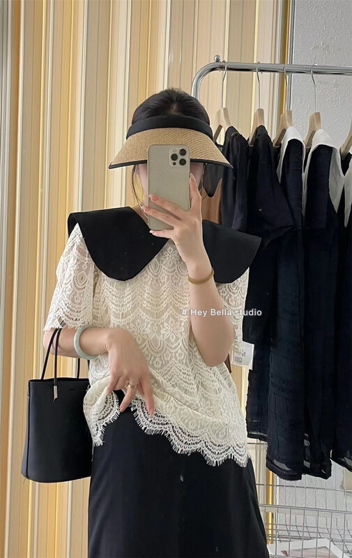 [hey Bella] color blocked large lapel fashion shirt 2958\ll