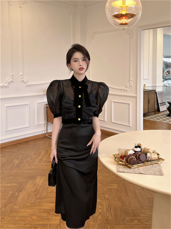 [Sumi] solid color short sleeve shirt + high waist slim skirt suit 22683\zjy