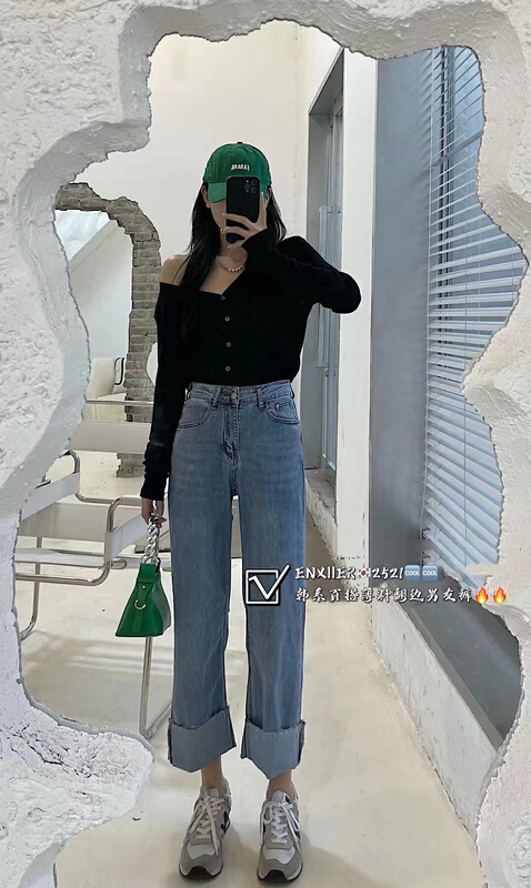 [en Xier] Korean thin material cuffed elastic little boyfriend jeans em2521\l