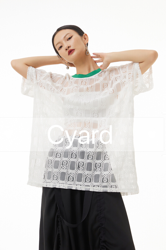 [cyard] Plaid lace hidden blue collar short sleeve T-shirt 90505-1\l