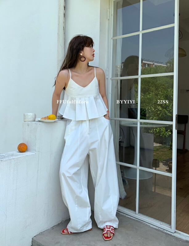[mix] simple slim suspender Top + casual pants set ys1-618\wtt
