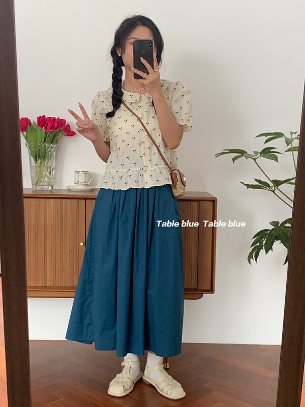 [table blue] Korean Vintage Cherry Print Shirt 2166\lsw