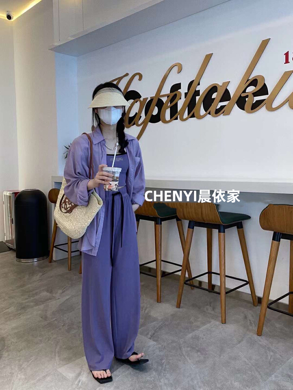 [Chenyi] Korean sunscreen shirt + letter print suspender Vest + drawstring wide leg suit 1016\xyy