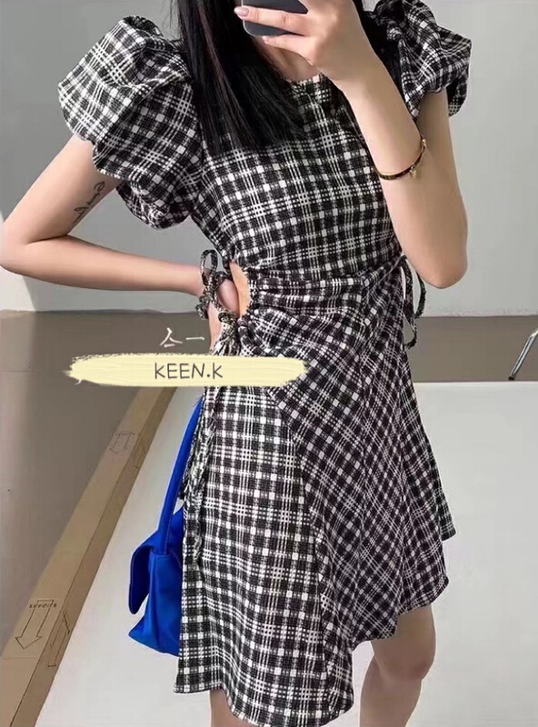 [keen k] fashion waist hollow out thin Check Dress l92\\wtt