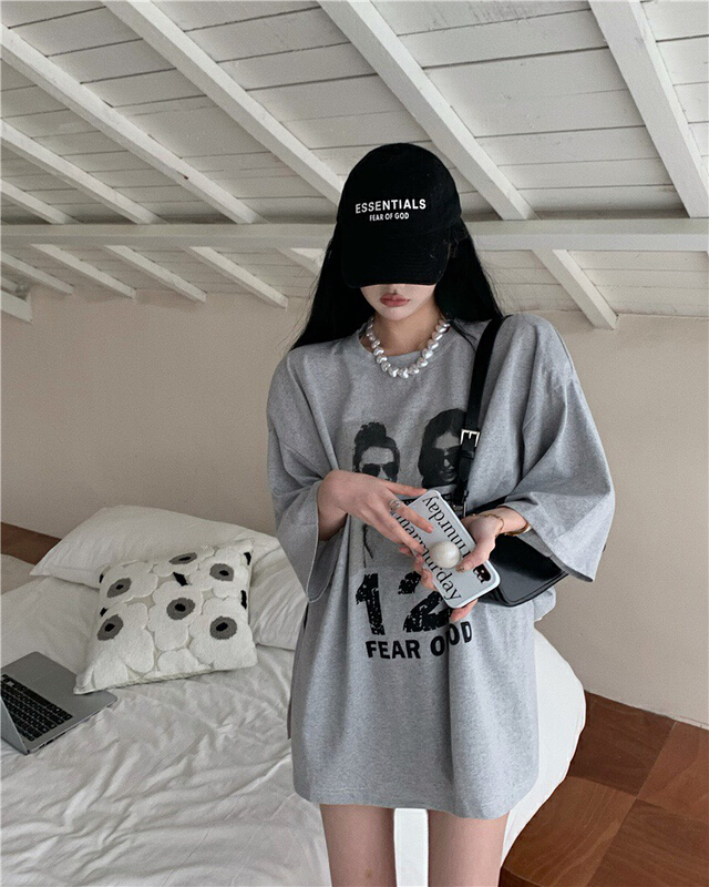 [wgwe] American retro print summer half sleeve split loose design sense of minority medium long short sleeve T-shirt 1909\pcz