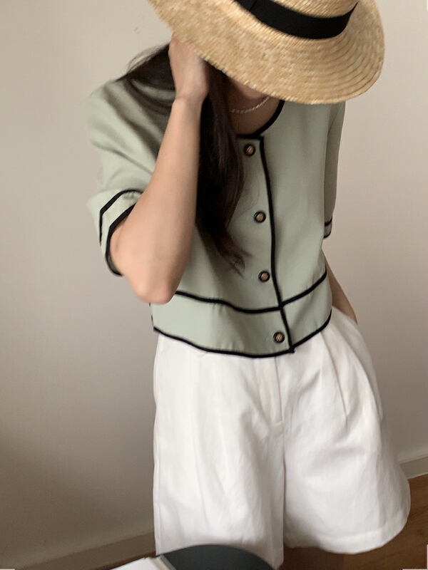[Gabrielle] contrast trim simple shirt b2315\zxl