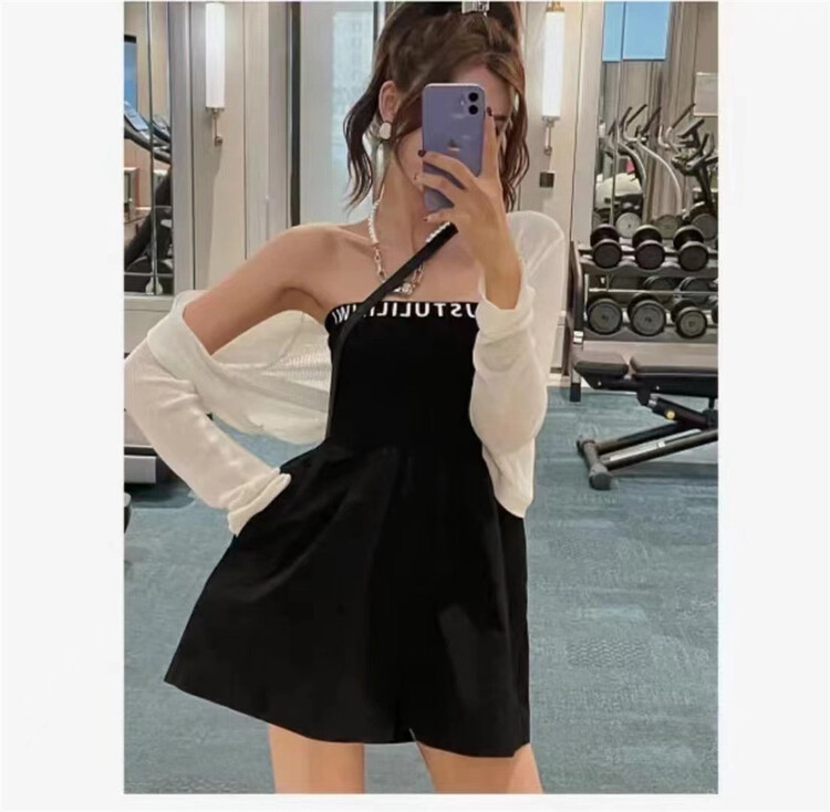 [Han C family] solid color short cardigan + letter bra Jumpsuit two piece set 6494\pcz