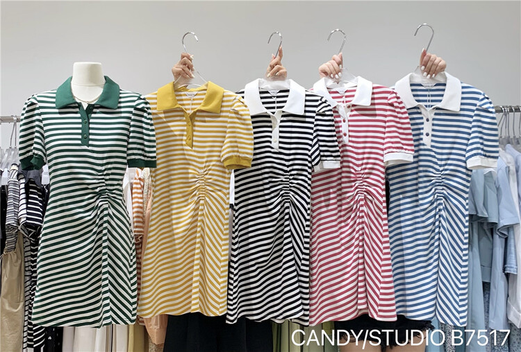 [candy] Korean polo collar stripe short sleeve dress 7517\zjy