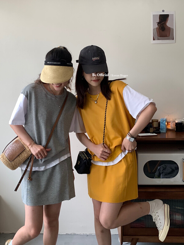 [B plus] fake two piece design casual Top + simple skirt suit 22-9298-2\hbx