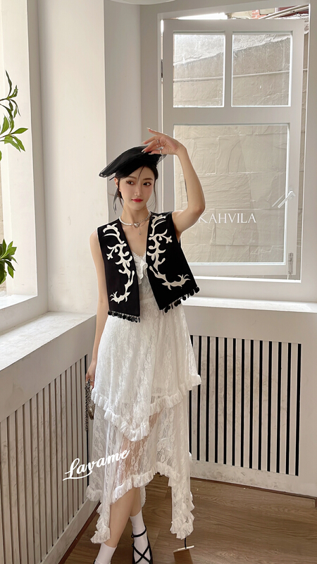 [lavame] French high-class temperament elegant lace long sleeveless dress 7810\zxx
