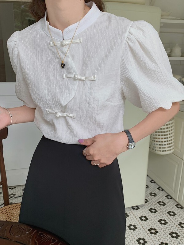 In early summer! [Mimosa] Chinese Style Bubble Sleeve Shirt 1177\hjy
