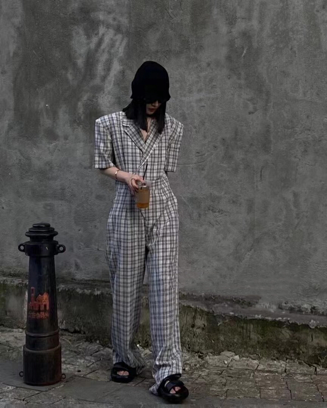 【 mi 】 temperament Korean Plaid floor mop Jumpsuit 9762\pcz