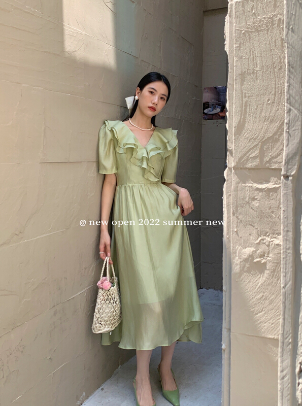 [new open] French tea break temperament advanced lotus leaf collar dress hl22817\zxl