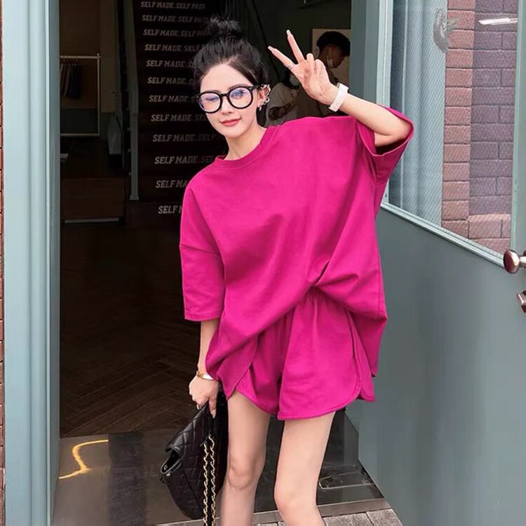 [East room] Korean pure color short sleeve T-shirt + casual and versatile Shorts Set 9350\wtt